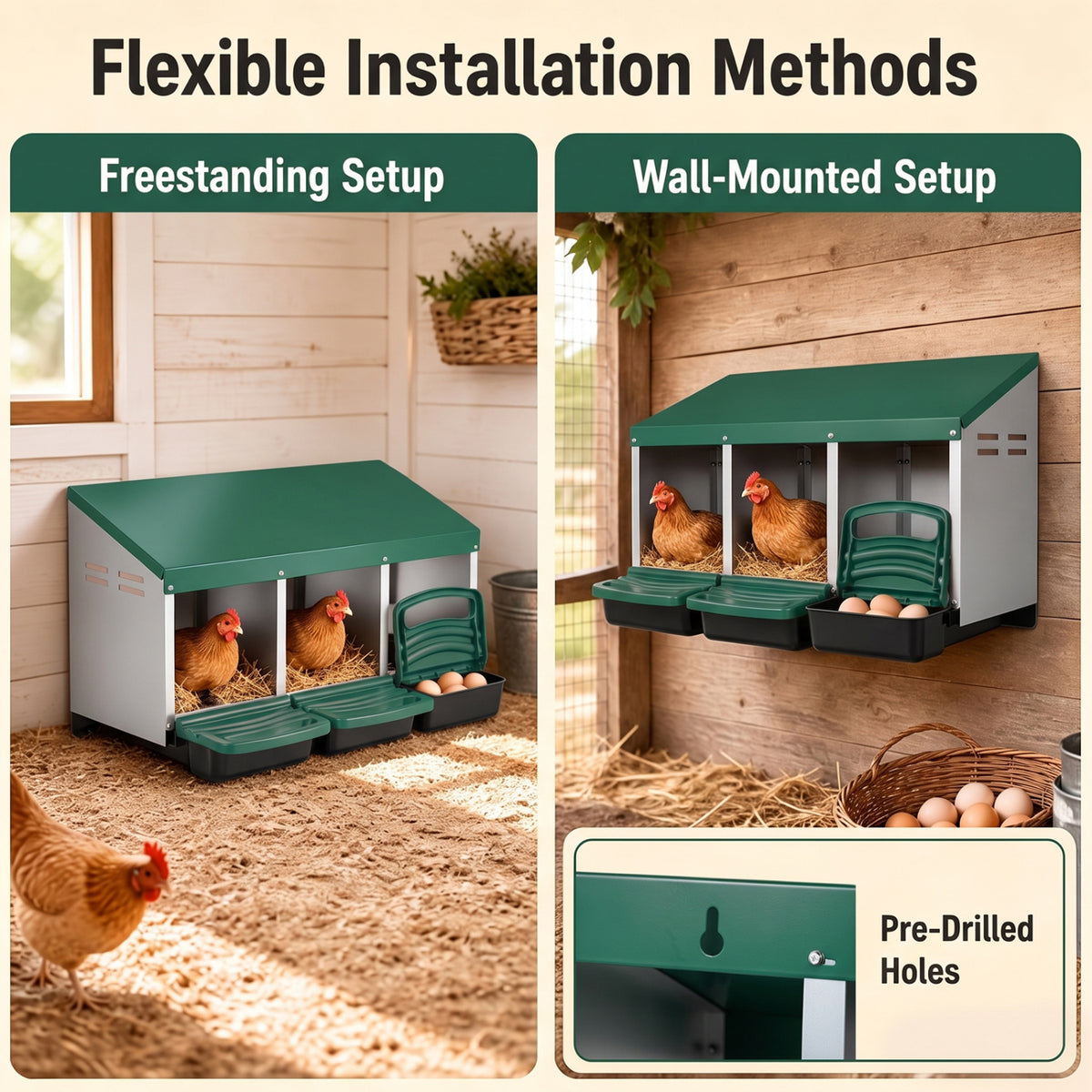 Green Chicken Nesting Box with Removable Trays & Landing Steps - 3 Compartments