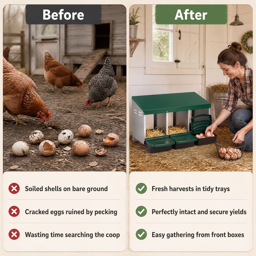 Green Chicken Nesting Box with Removable Trays & Landing Steps - 3 Compartments