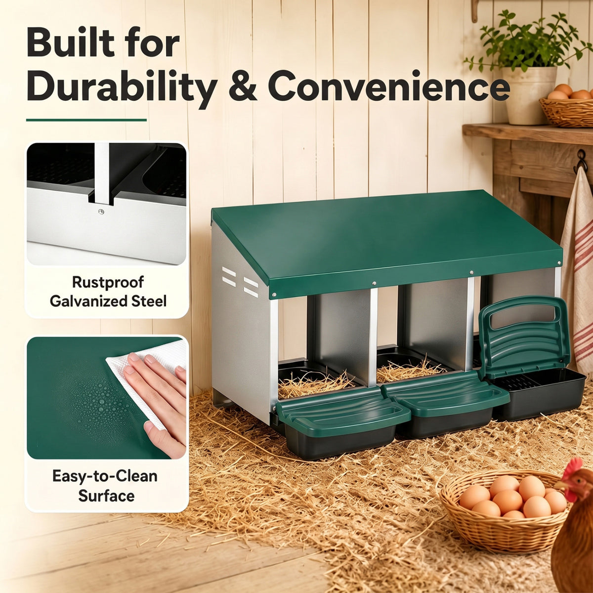 Green Chicken Nesting Box with Removable Trays & Landing Steps - 3 Compartments
