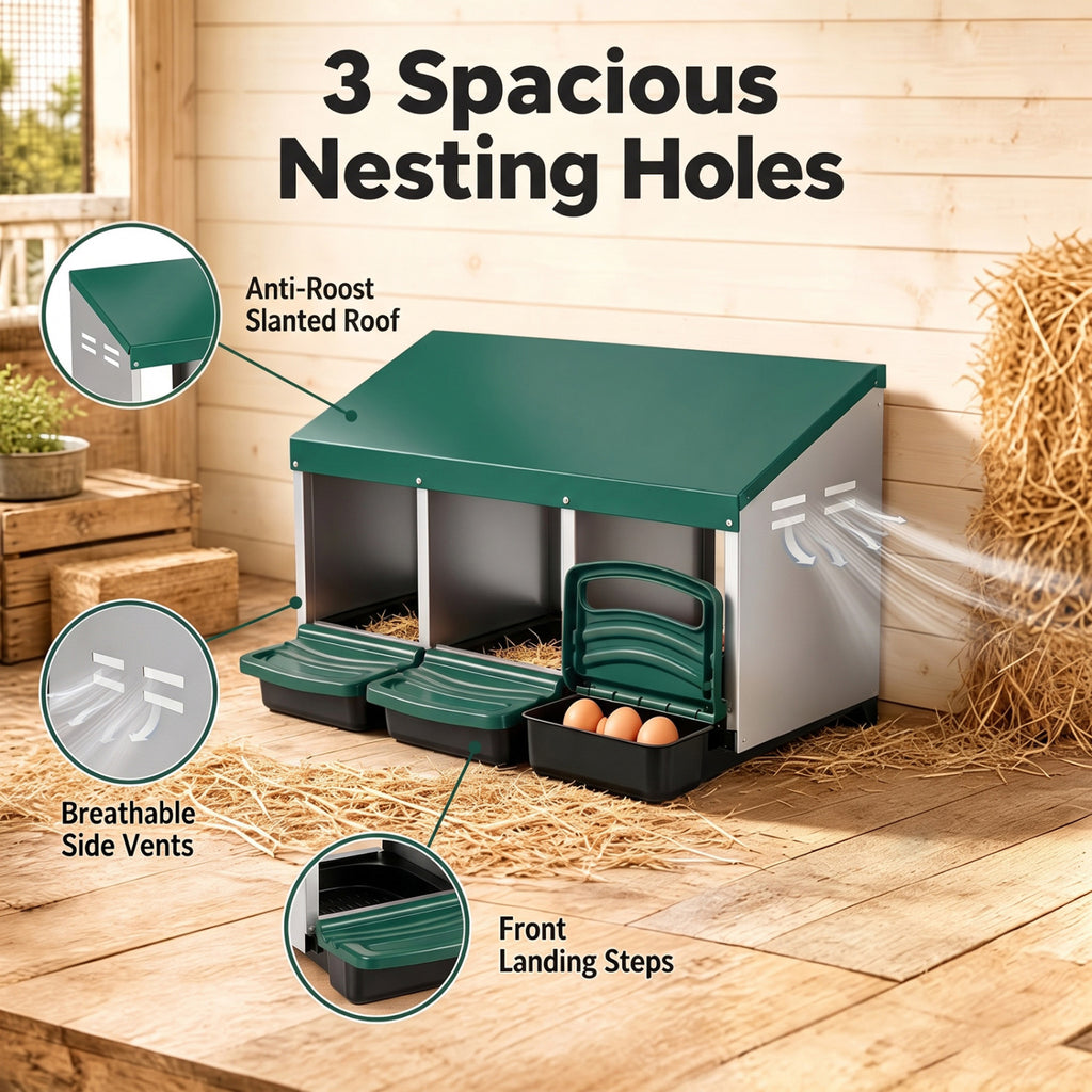 Green Chicken Nesting Box with Removable Trays & Landing Steps - 3 Compartments