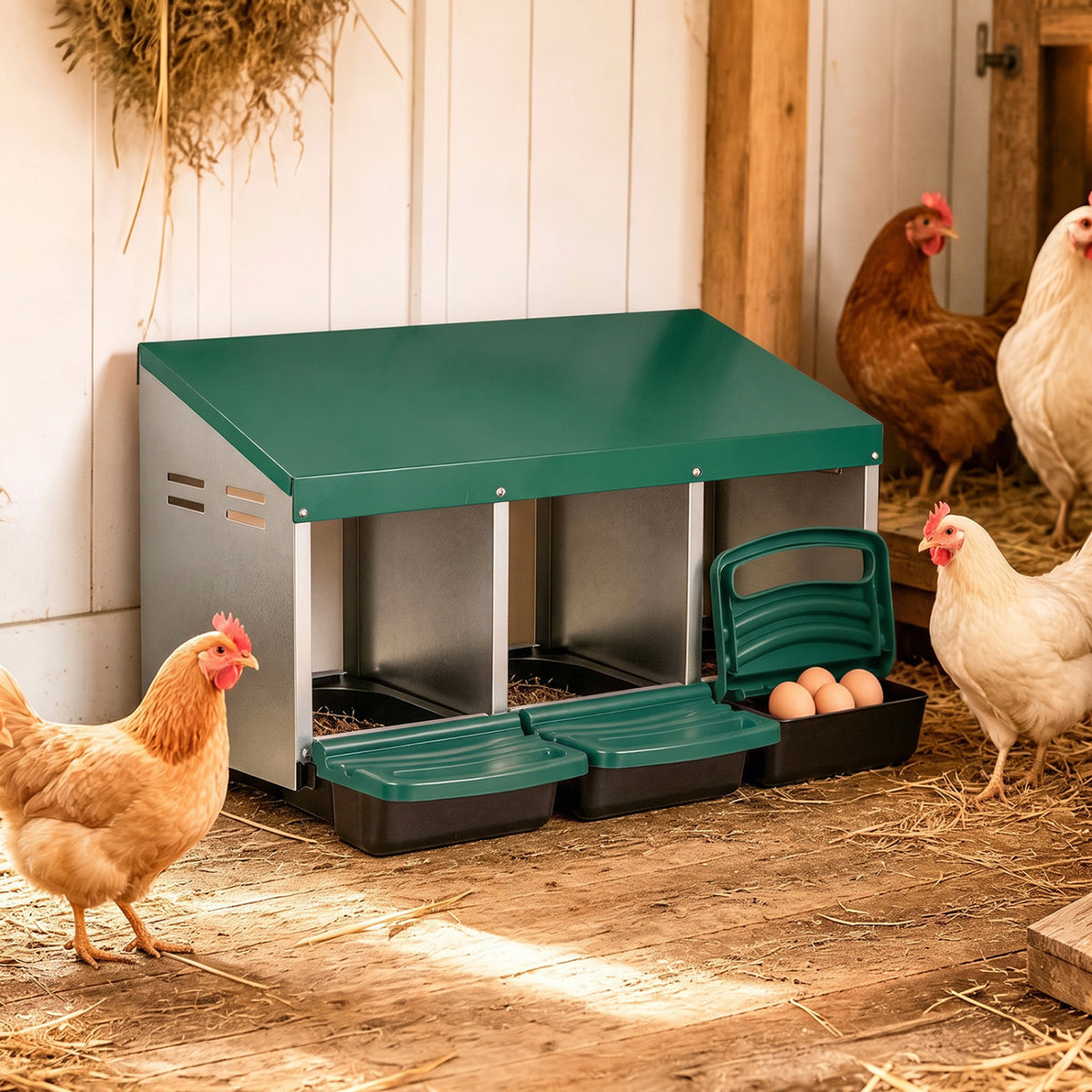 Green Chicken Nesting Box with Removable Trays & Landing Steps - 3 Compartments