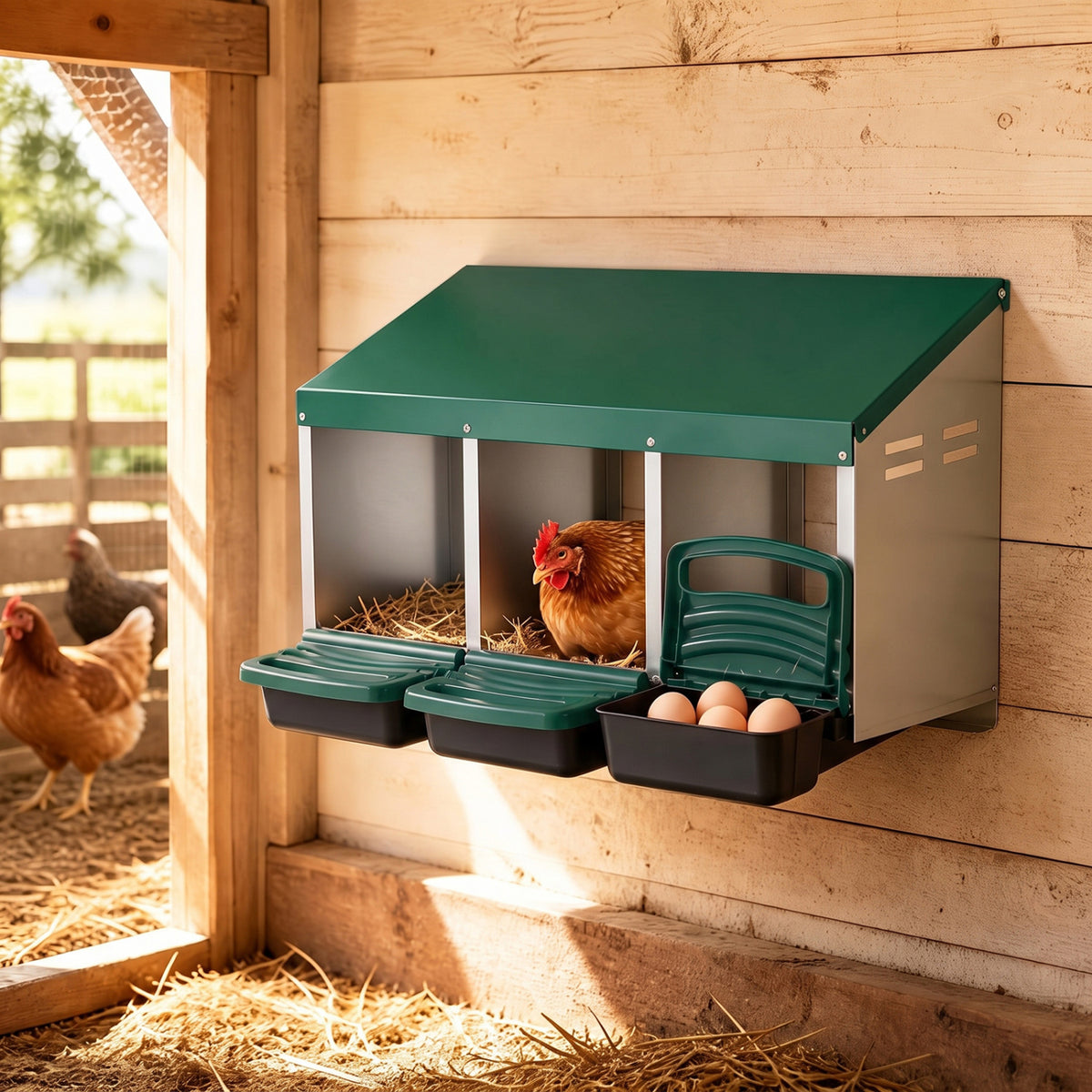 Green Chicken Nesting Box with Removable Trays & Landing Steps - 3 Compartments