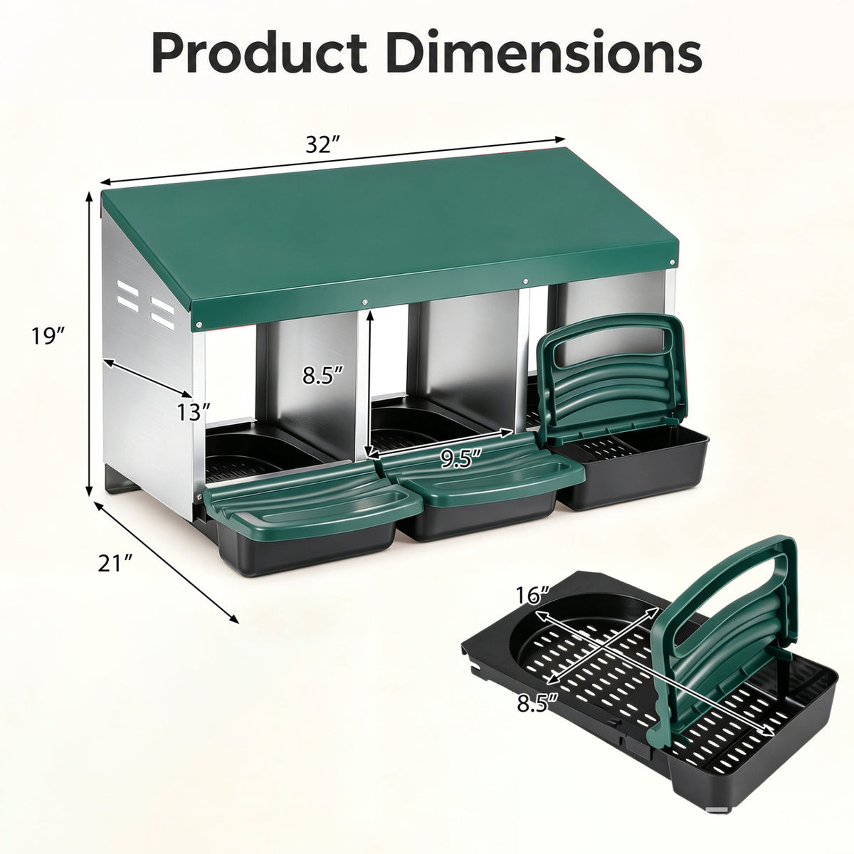 Green Chicken Nesting Box with Removable Trays & Landing Steps - 3 Compartments