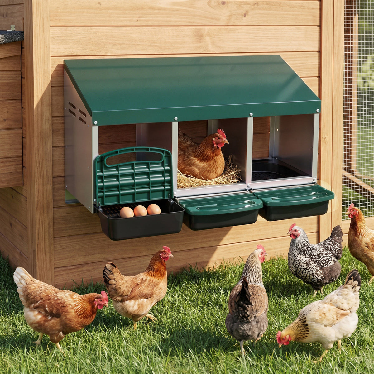 Green 3-Compartment Metal Chicken Nesting Box with Egg Trays - Costway