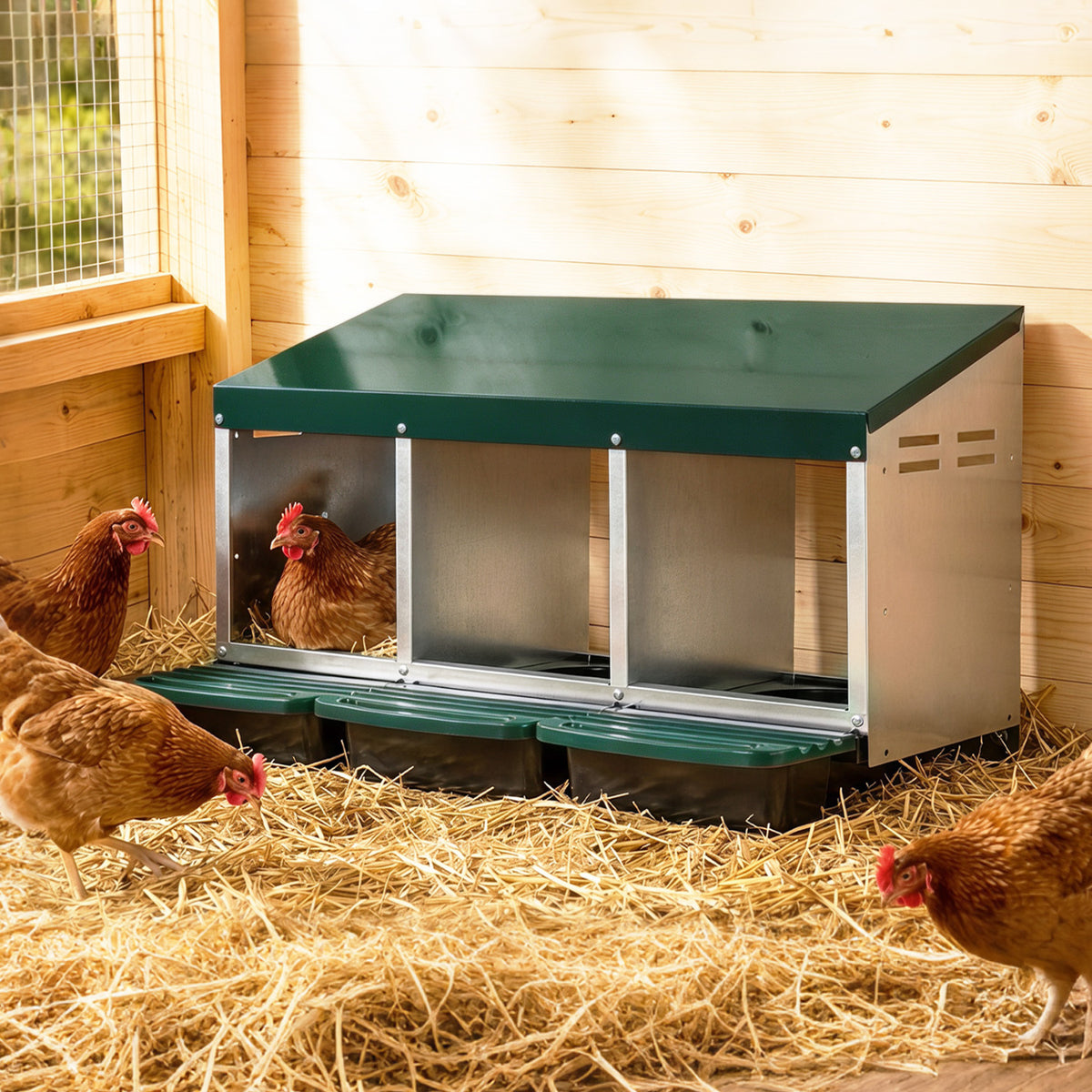 Green 3-Compartment Metal Chicken Nesting Box with Egg Trays - Costway