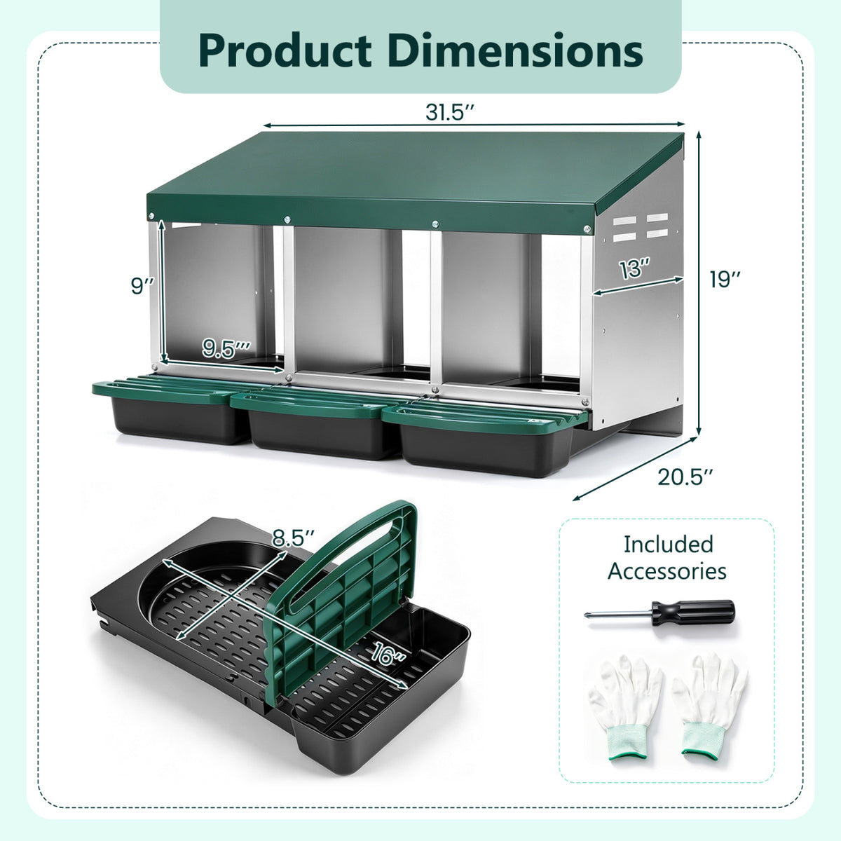 Green 3-Compartment Metal Chicken Nesting Box with Egg Trays - Costway