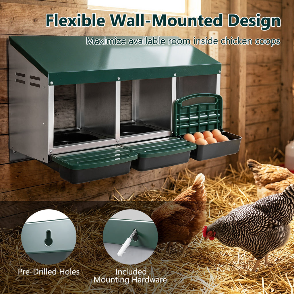 Green 3-Compartment Metal Chicken Nesting Box with Egg Trays - Costway