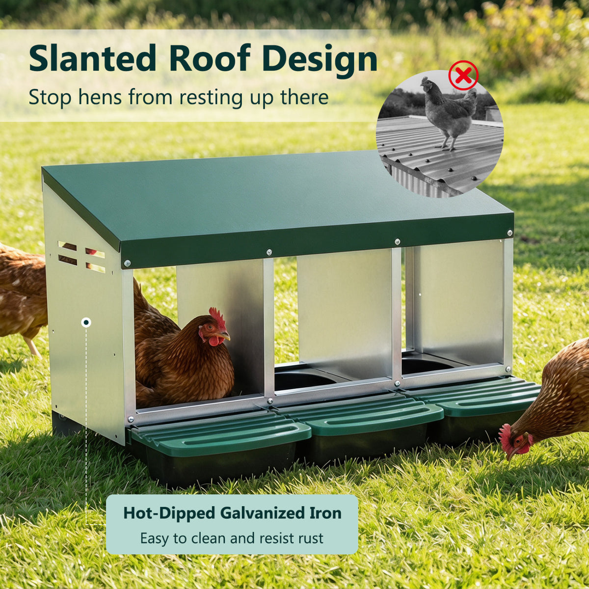 Green 3-Compartment Metal Chicken Nesting Box with Egg Trays - Costway