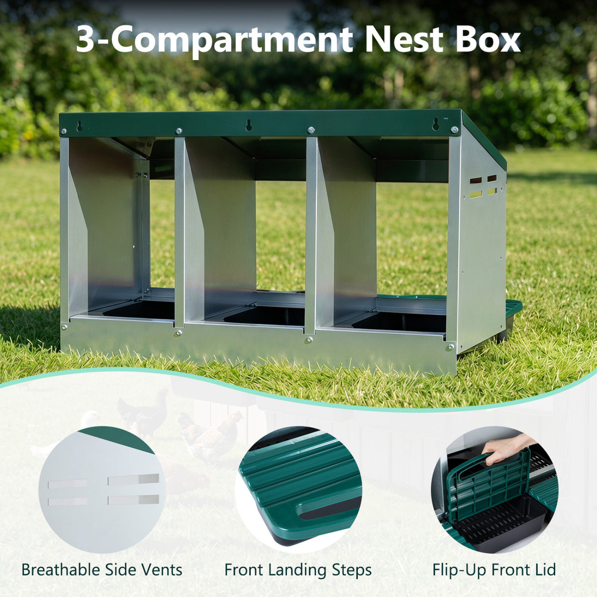 Green 3-Compartment Metal Chicken Nesting Box with Egg Trays - Costway