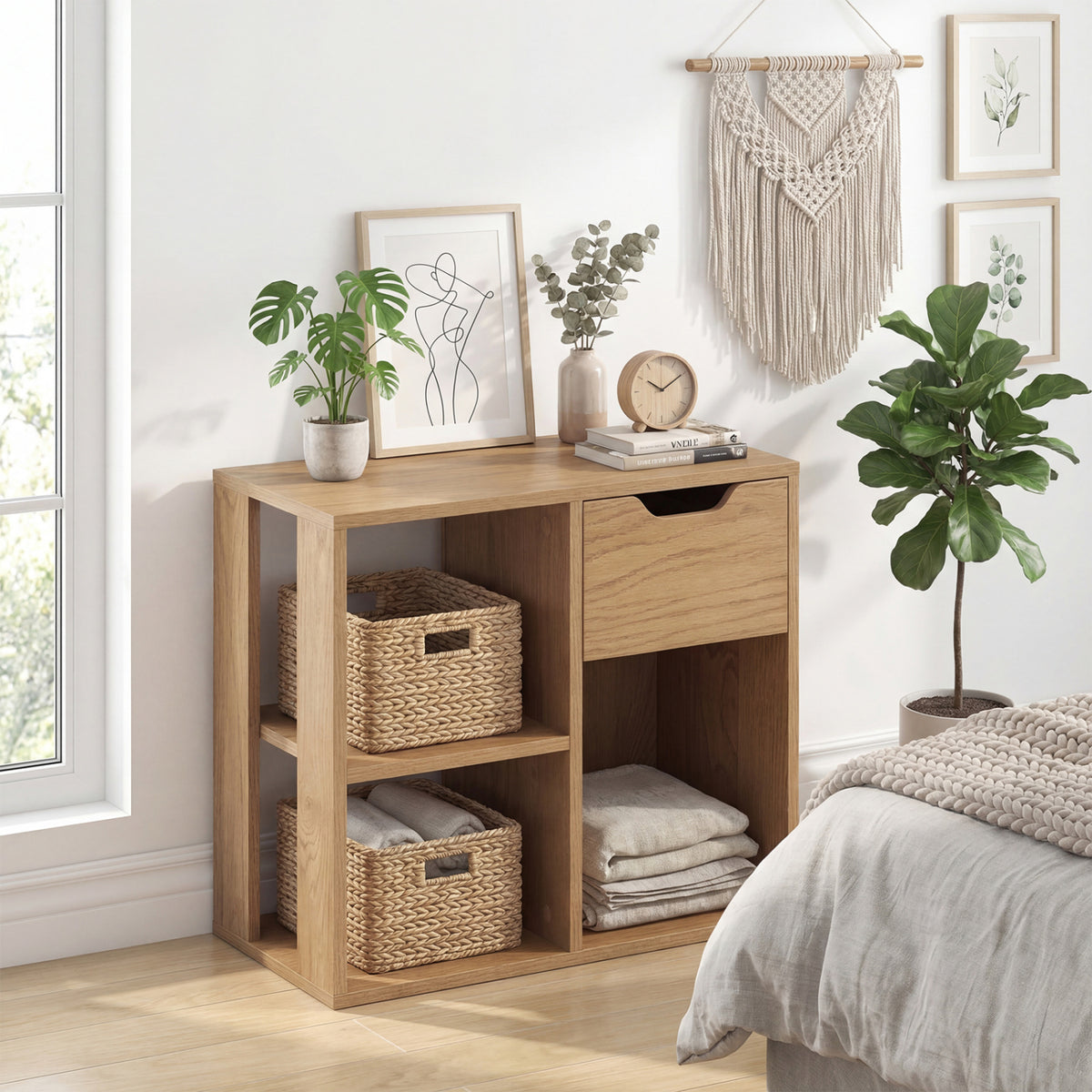 3-Cube Bookcase 2-tier Wooden Storage Shelf with Pull-out Drawer