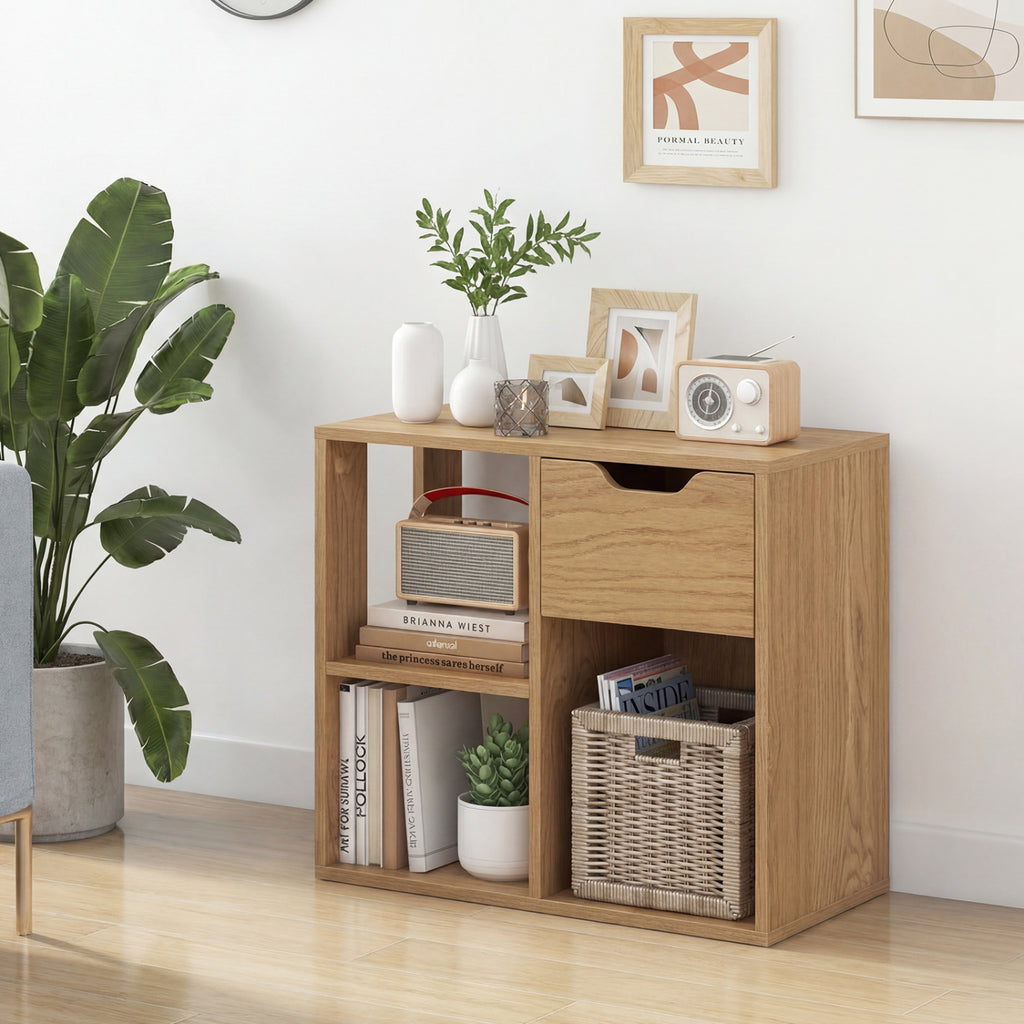 3-Cube Bookcase 2-tier Wooden Storage Shelf with Pull-out Drawer
