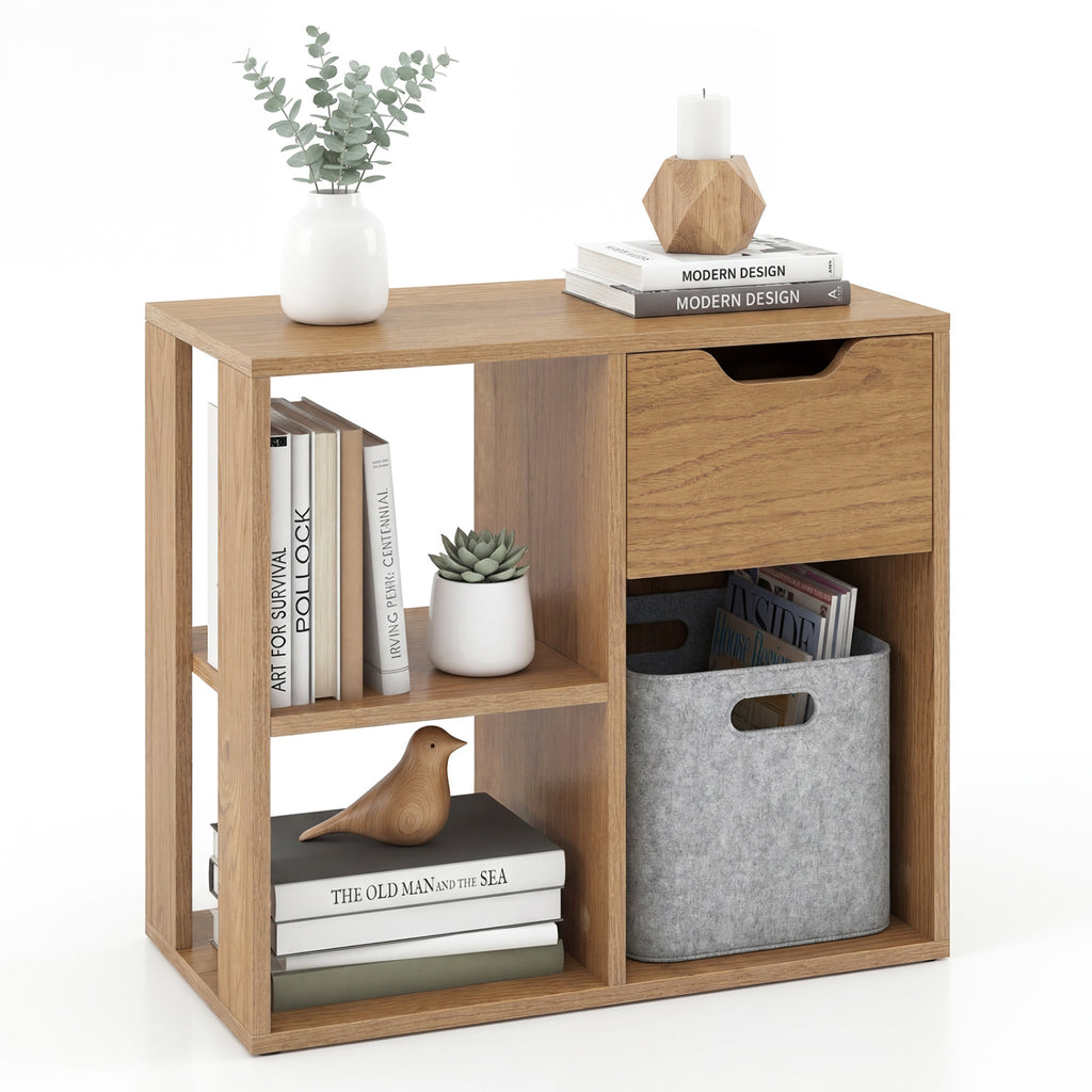 3-Cube Bookcase 2-tier Wooden Storage Shelf with Pull-out Drawer