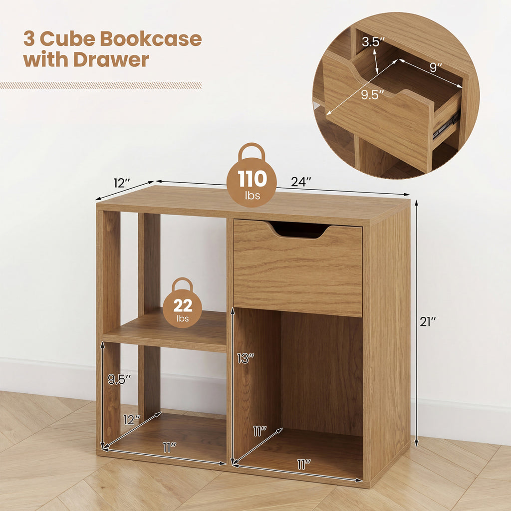 3-Cube Bookcase 2-tier Wooden Storage Shelf with Pull-out Drawer