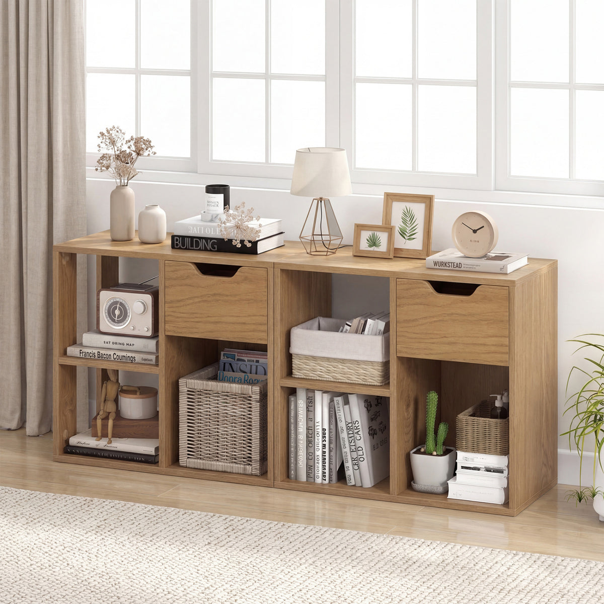 3-Cube Bookcase 2-tier Wooden Storage Shelf with Pull-out Drawer