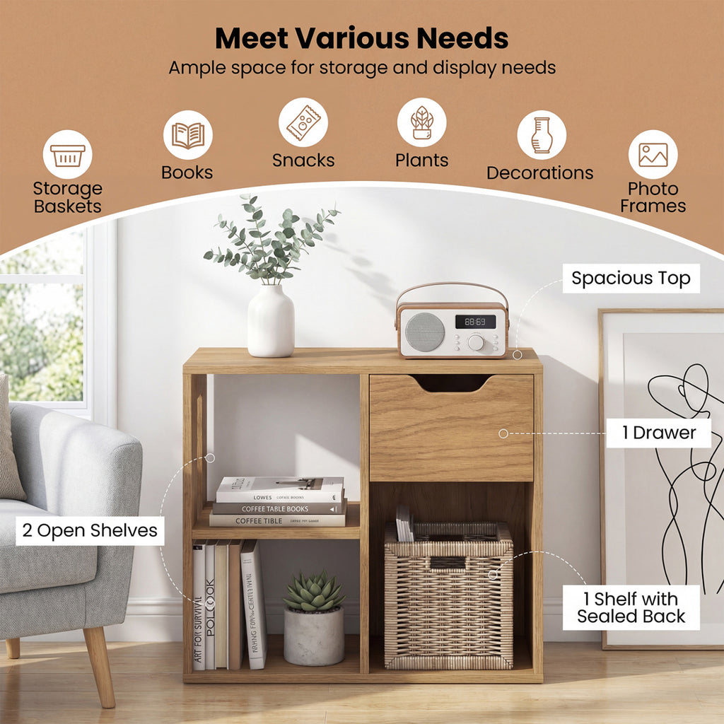 3-Cube Bookcase 2-tier Wooden Storage Shelf with Pull-out Drawer
