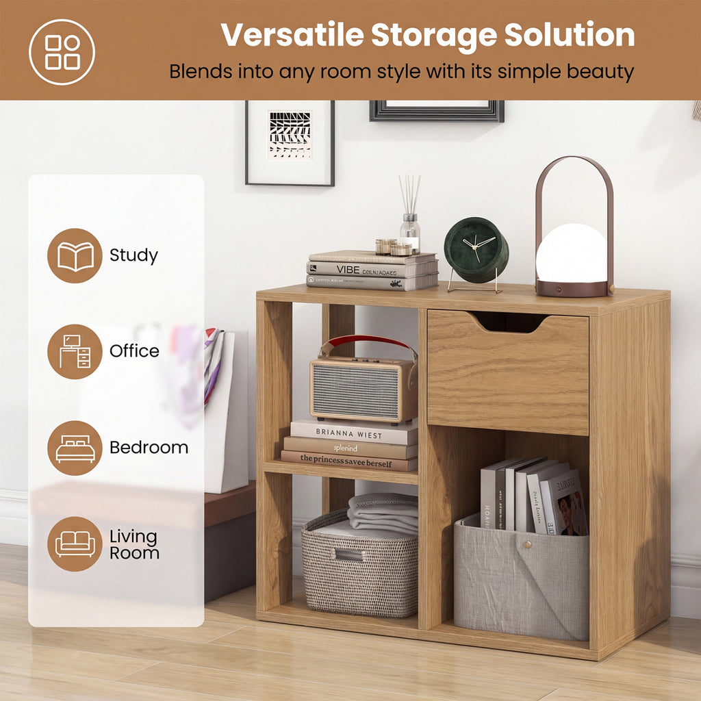3-Cube Bookcase 2-tier Wooden Storage Shelf with Pull-out Drawer