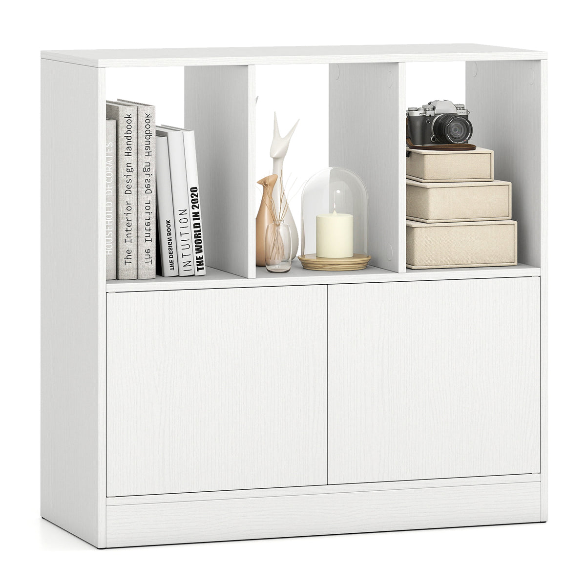 3-Cube Bookcase with Doors and Open Compartments - Black