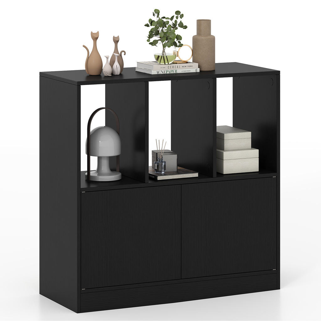 3-Cube Bookcase with Doors and Open Compartments - Black