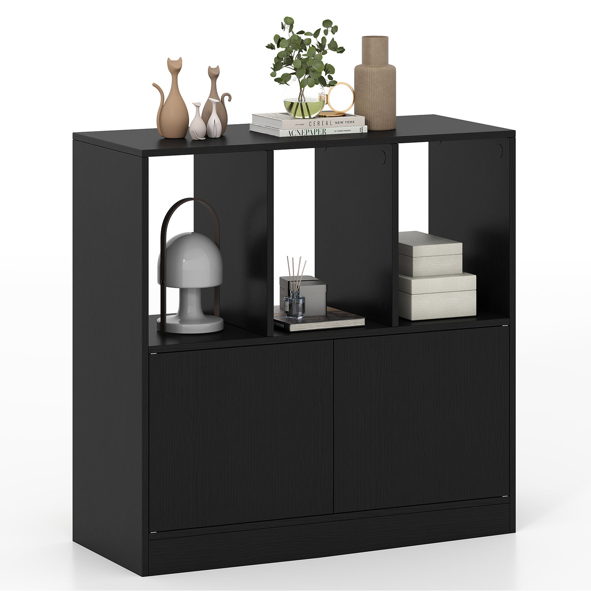 3-Cube Bookcase with Doors and Open Compartments - Black