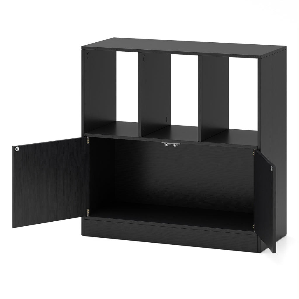 3-Cube Bookcase with Doors and Open Compartments - Black
