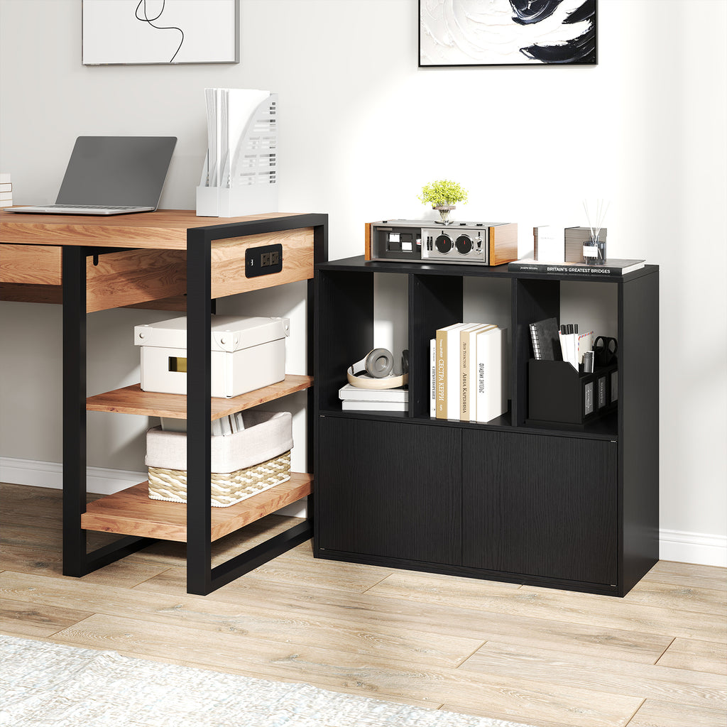 3-Cube Bookcase with Doors and Open Compartments - Black