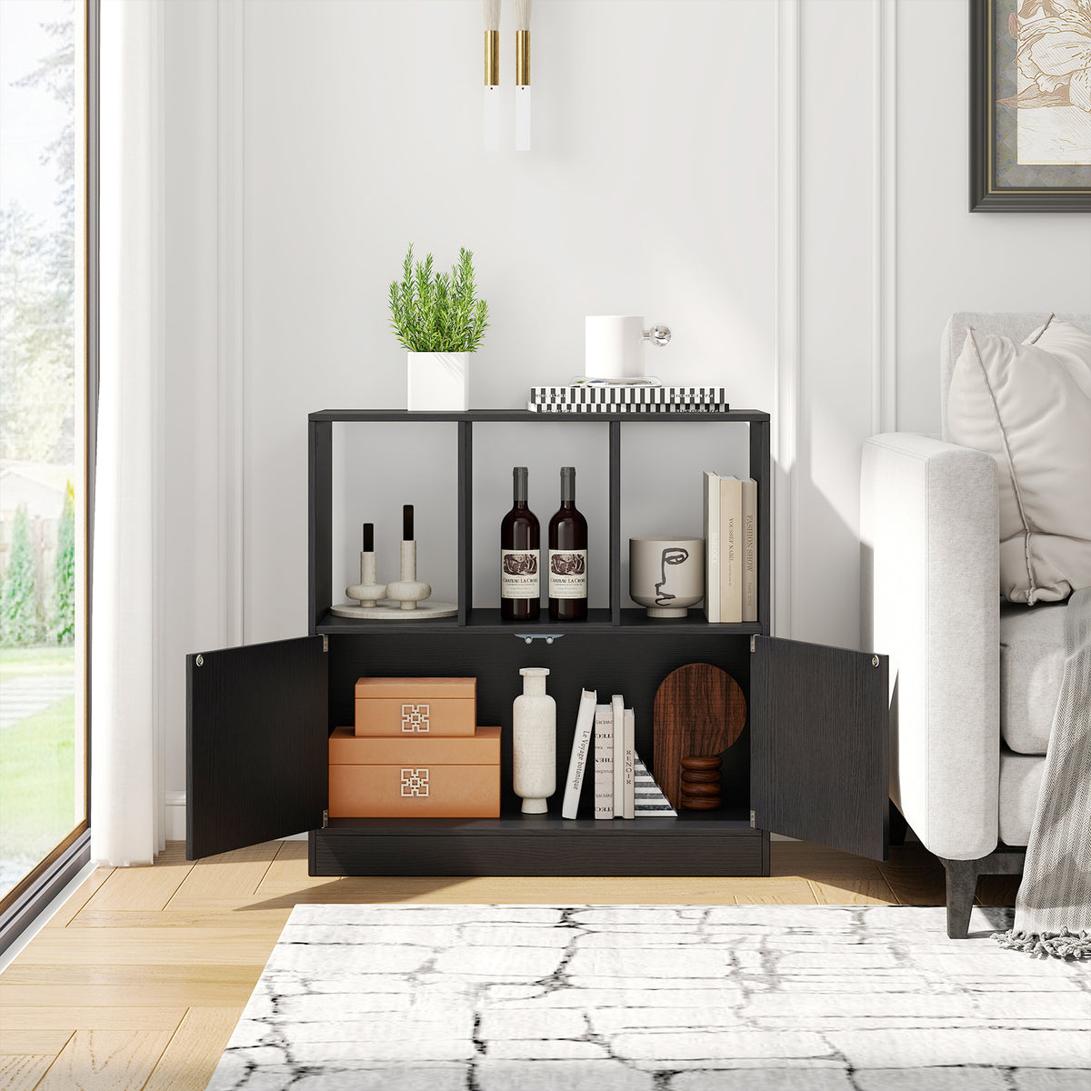 3-Cube Bookcase with Doors and Open Compartments - Black