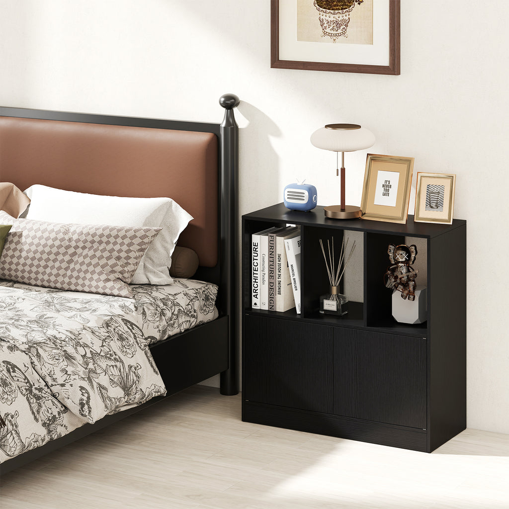 3-Cube Bookcase with Doors and Open Compartments - Black