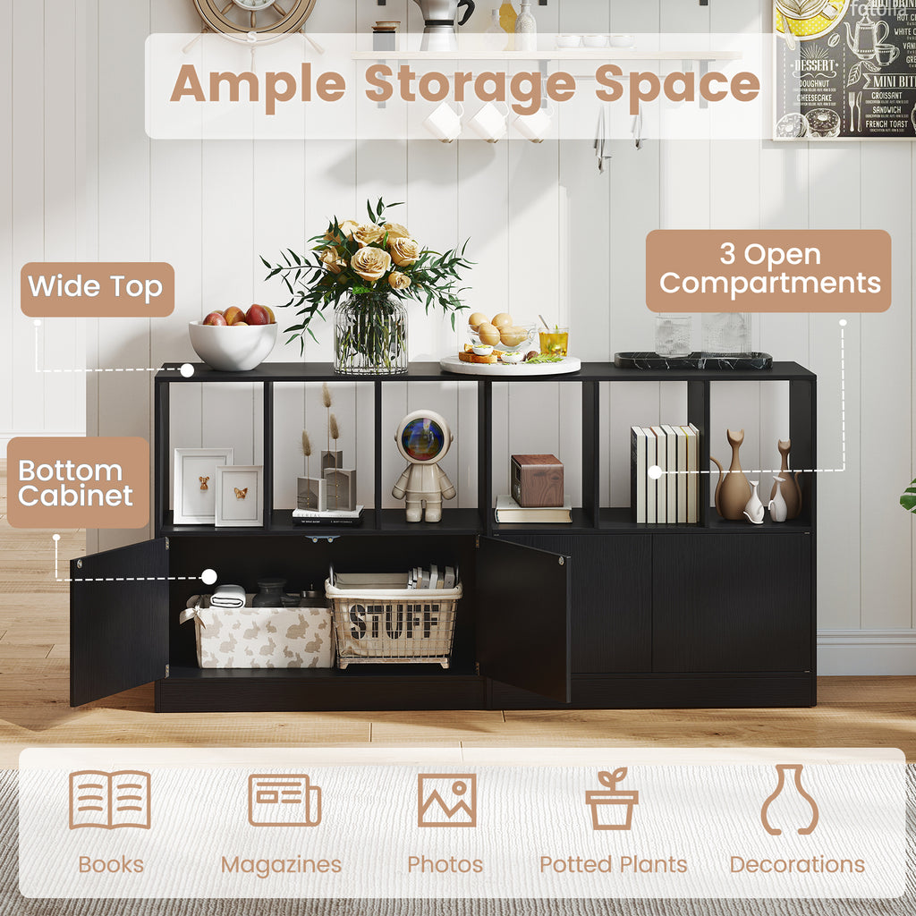 3-Cube Bookcase with Doors and Open Compartments - Black