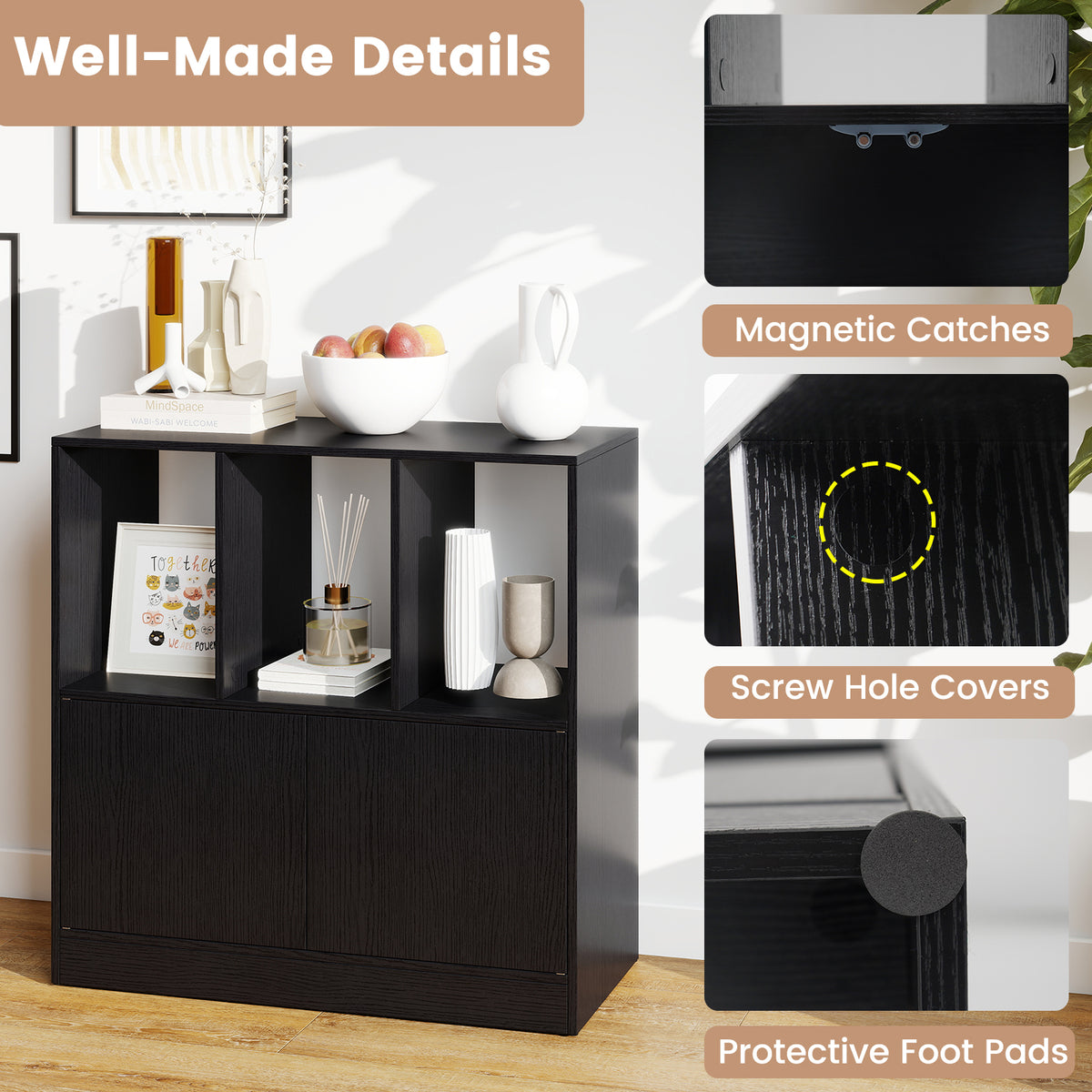 3-Cube Bookcase with Doors and Open Compartments - Black