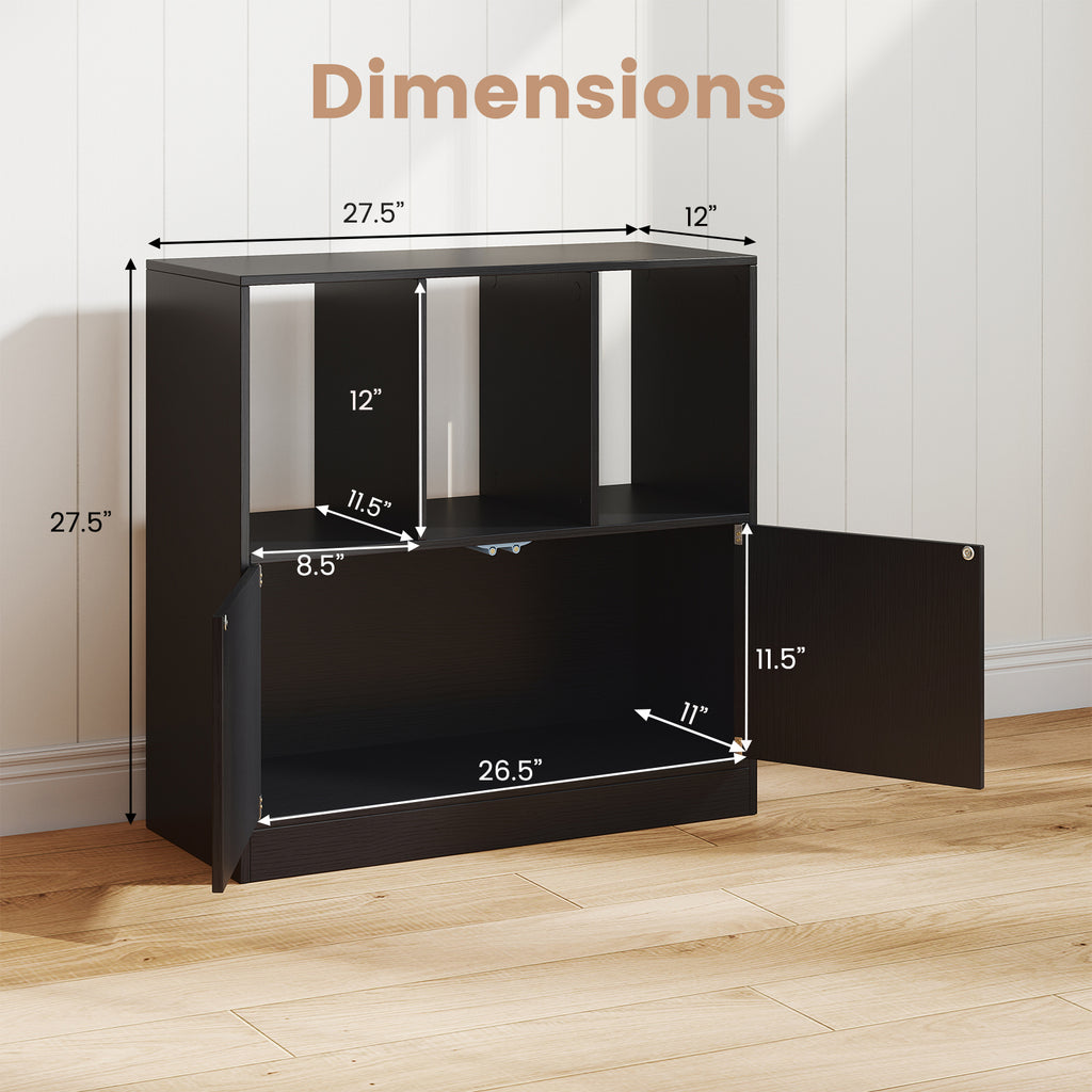 3-Cube Bookcase with Doors and Open Compartments - Black