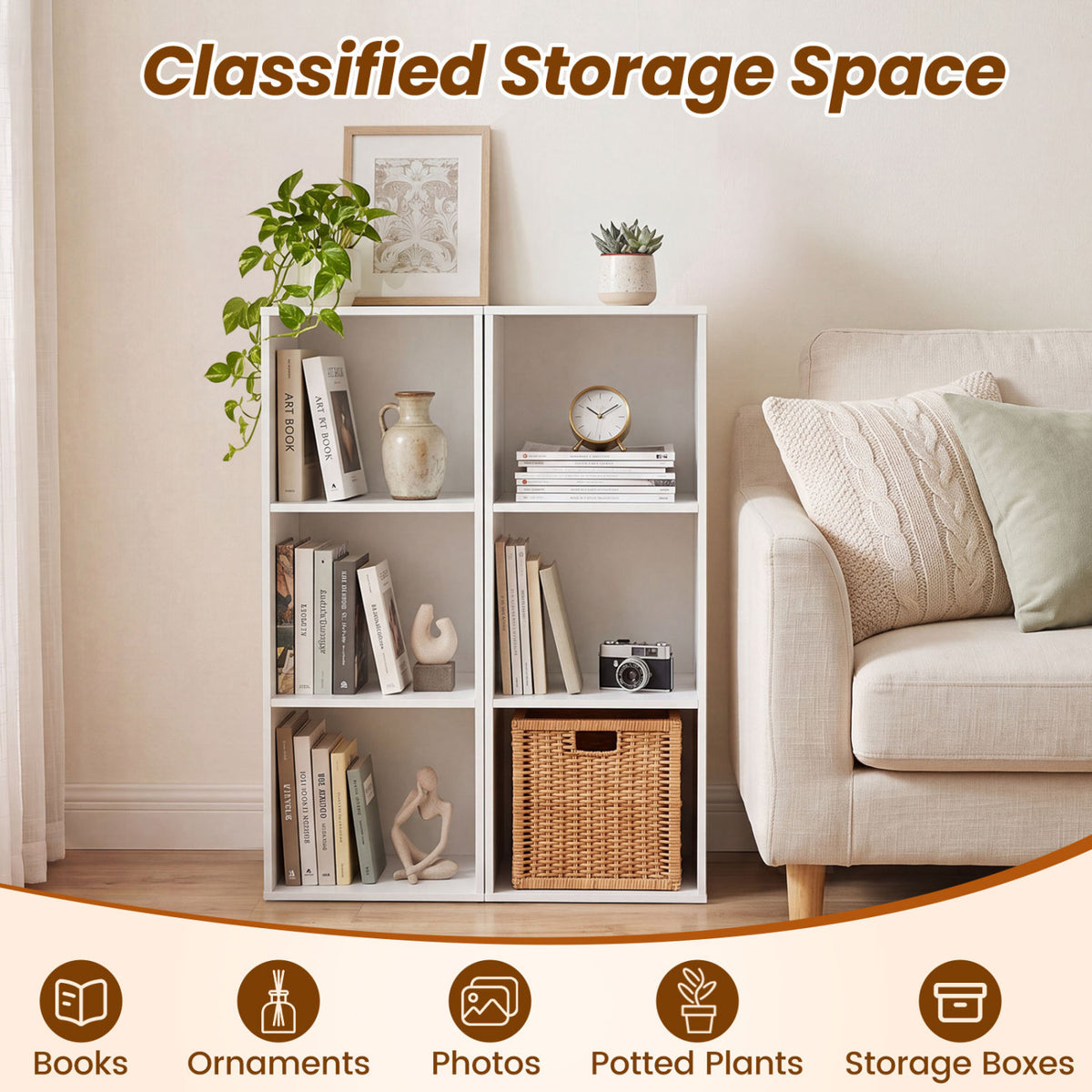 3-Cube Bookcase with 2 Anti-tipping Kits and Cubby Storage Organizer