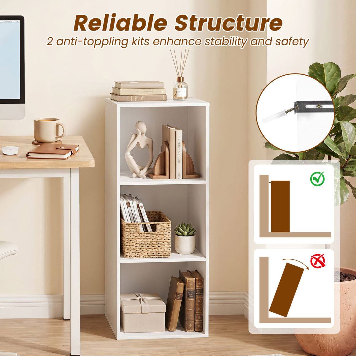 3-Cube Bookcase with 2 Anti-tipping Kits and Cubby Storage Organizer