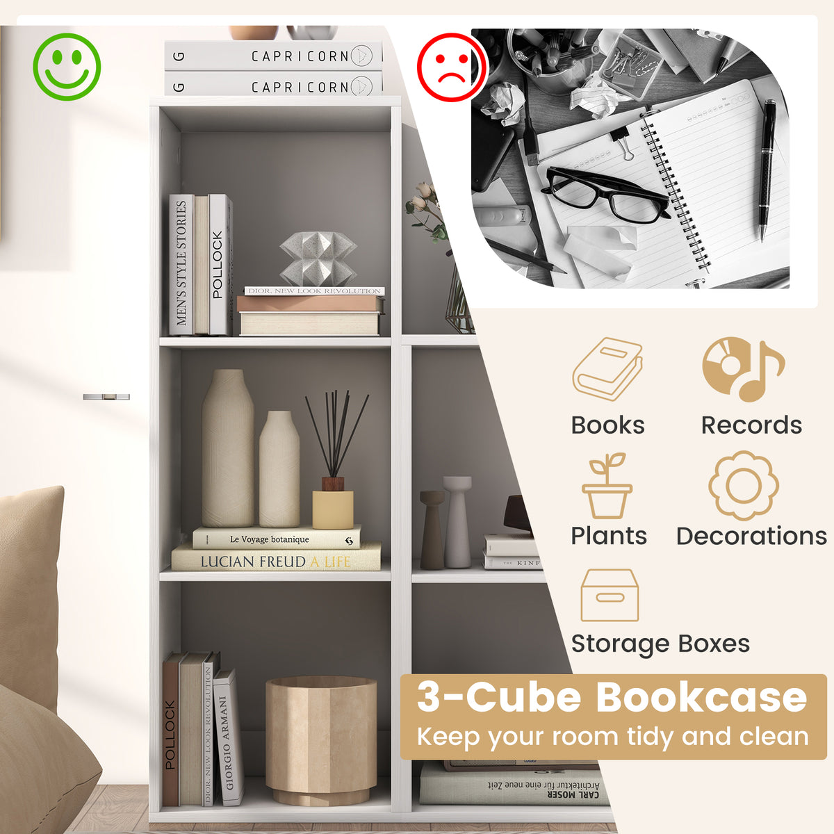3 Cube Bookshelf with Back Guardrail - White