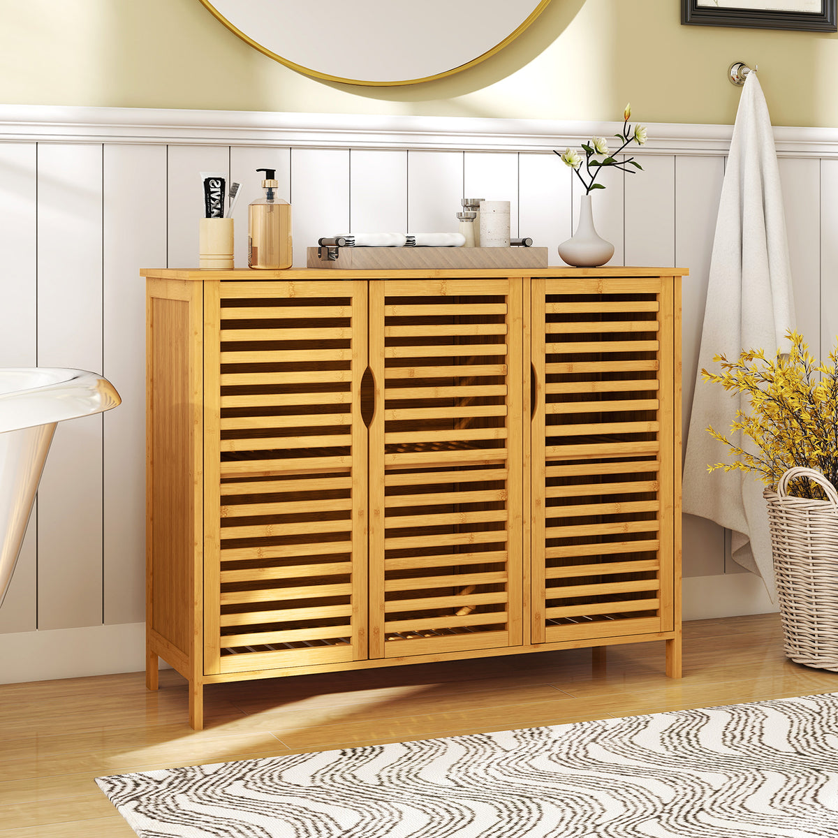 3-Door Bamboo Bathroom Cabinet with Shelves - Natural