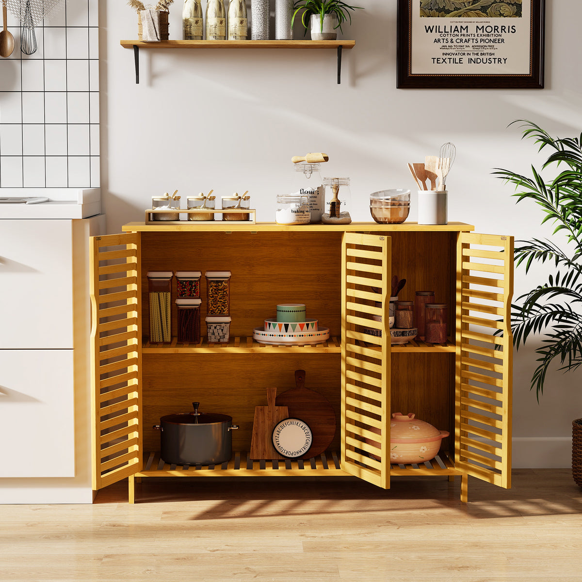 3-Door Bamboo Bathroom Cabinet with Shelves - Natural