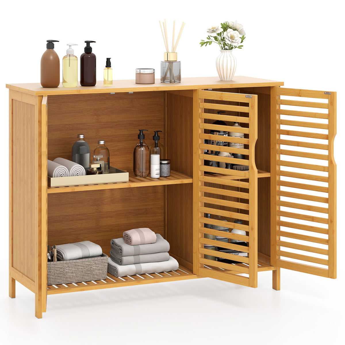 3-Door Bamboo Bathroom Cabinet with Shelves - Natural
