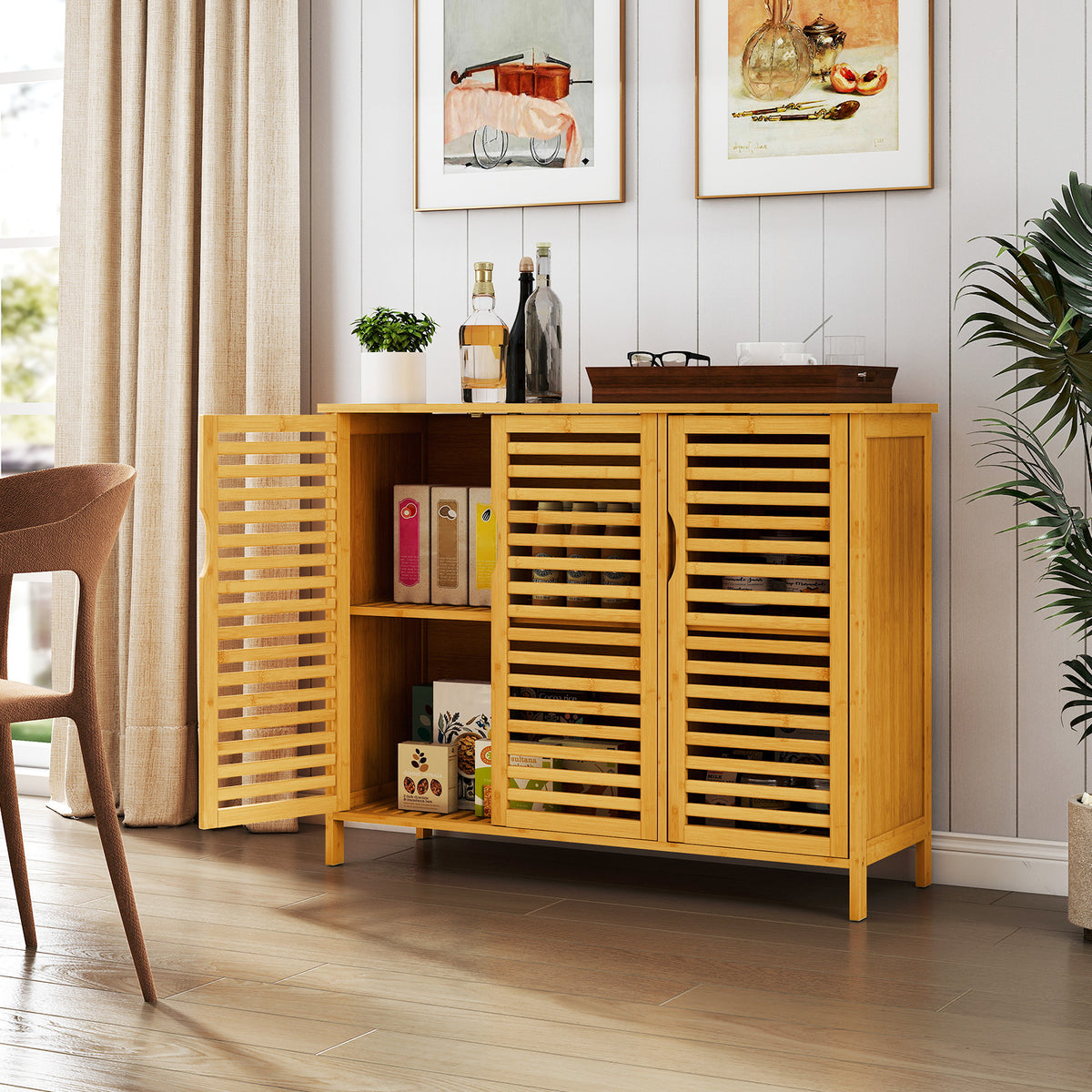 3-Door Bamboo Bathroom Cabinet with Shelves - Natural