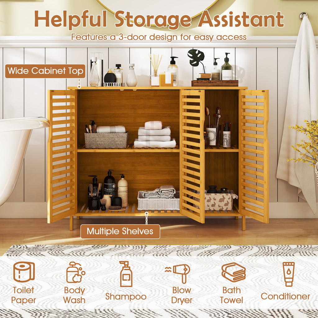 3-Door Bamboo Bathroom Cabinet with Shelves - Natural