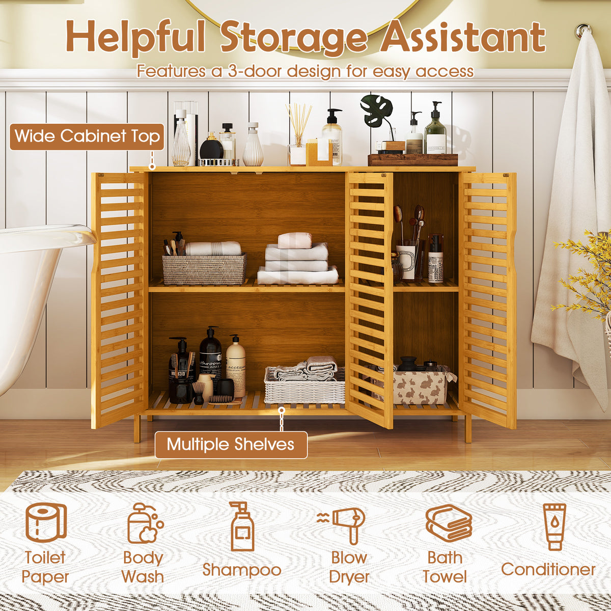 3-Door Bamboo Bathroom Cabinet with Shelves - Natural