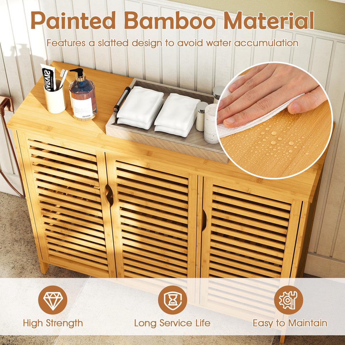 3-Door Bamboo Bathroom Cabinet with Shelves - Natural