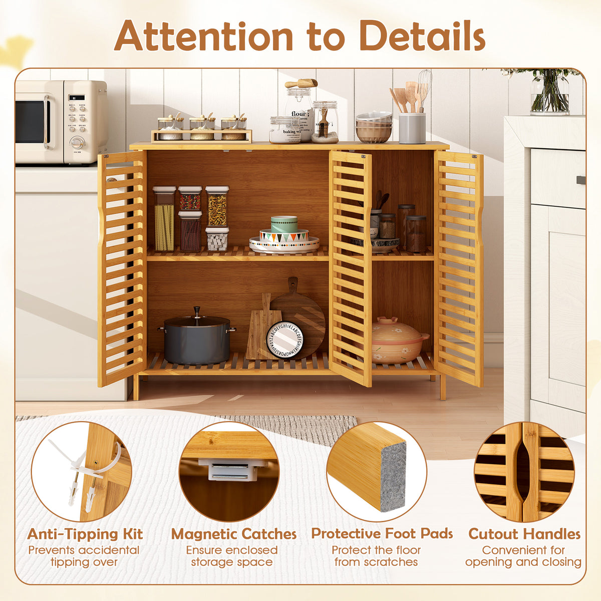 3-Door Bamboo Bathroom Cabinet with Shelves - Natural