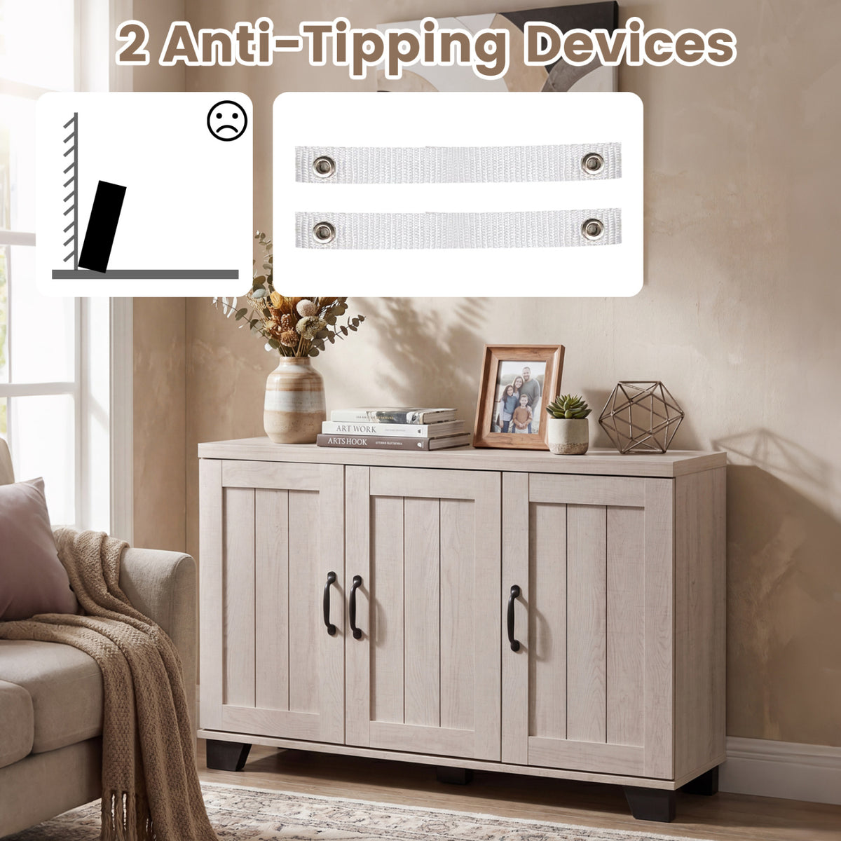 3-Door Buffet Sideboard with Adjustable Shelves - White