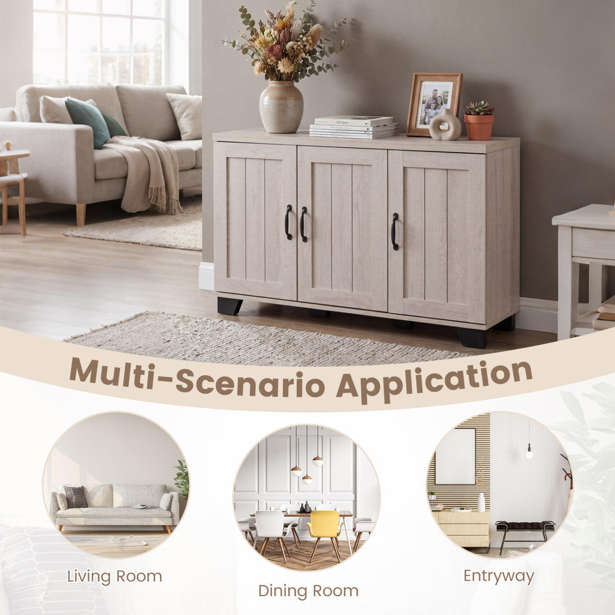 3-Door Buffet Sideboard with Adjustable Shelves - White