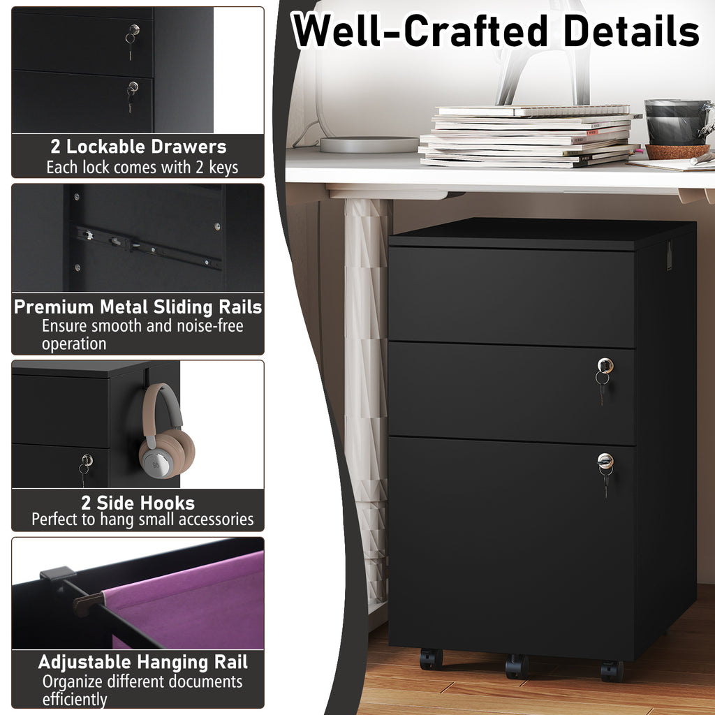 3-Drawer Rolling File Cabinet with Lock - Black