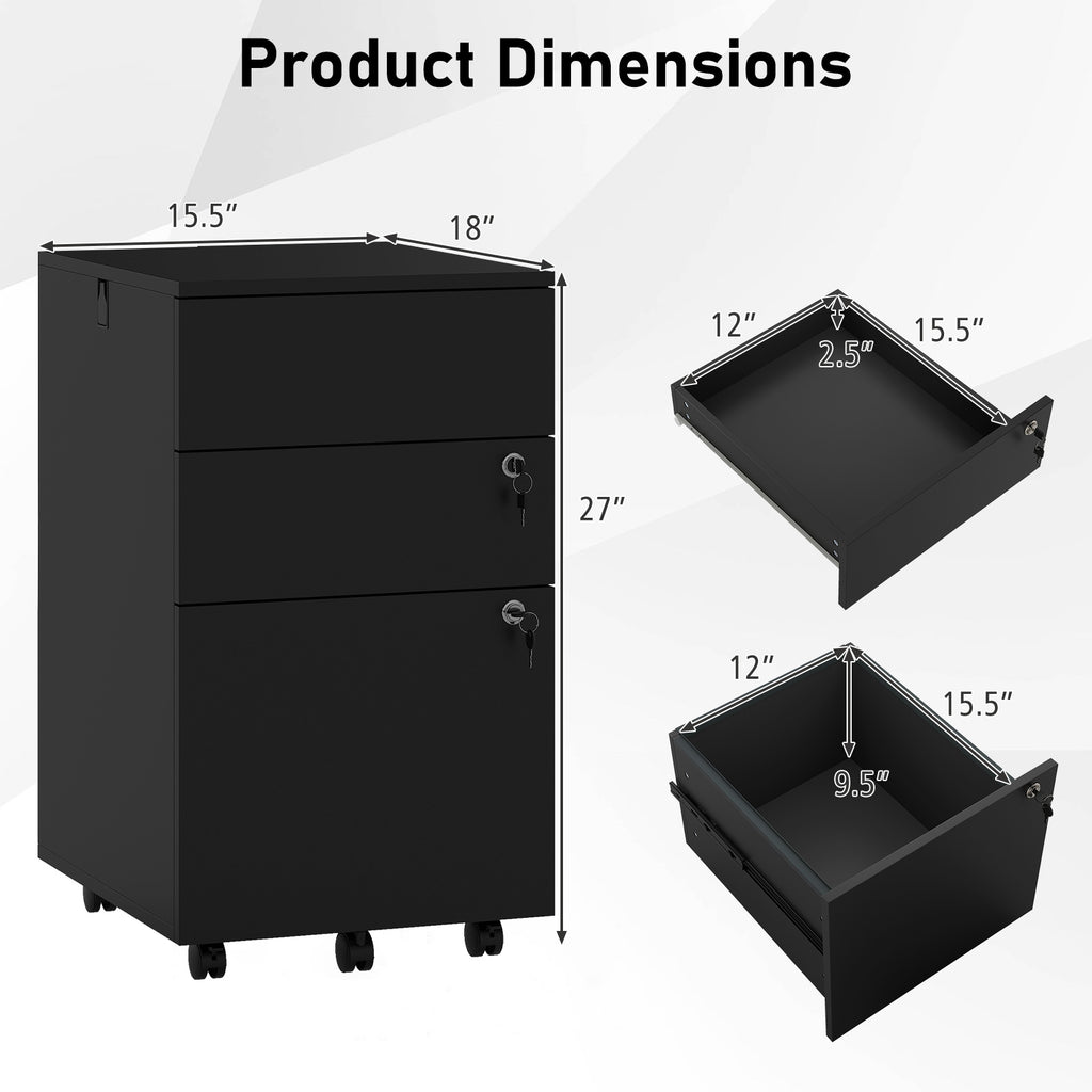 3-Drawer Rolling File Cabinet with Lock - Black