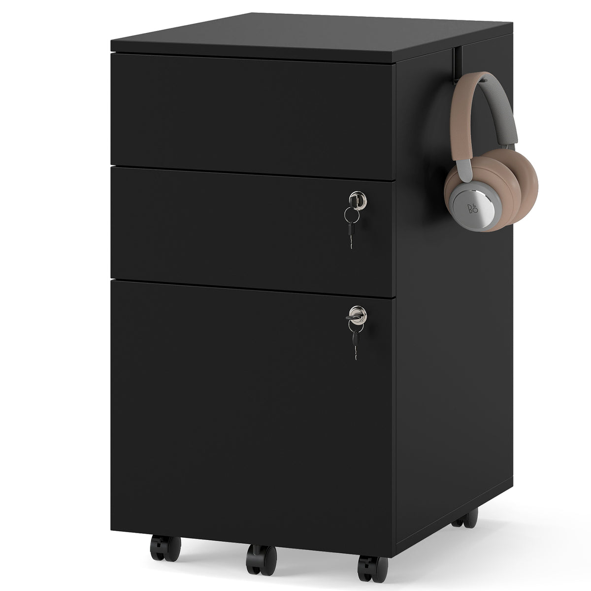 3-Drawer Rolling File Cabinet with Lock - Black
