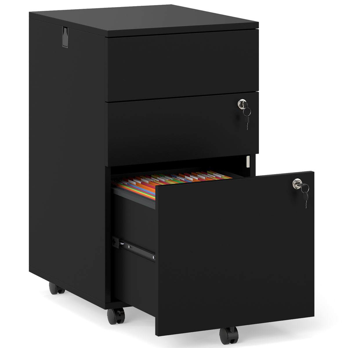 3-Drawer Rolling File Cabinet with Lock - Black