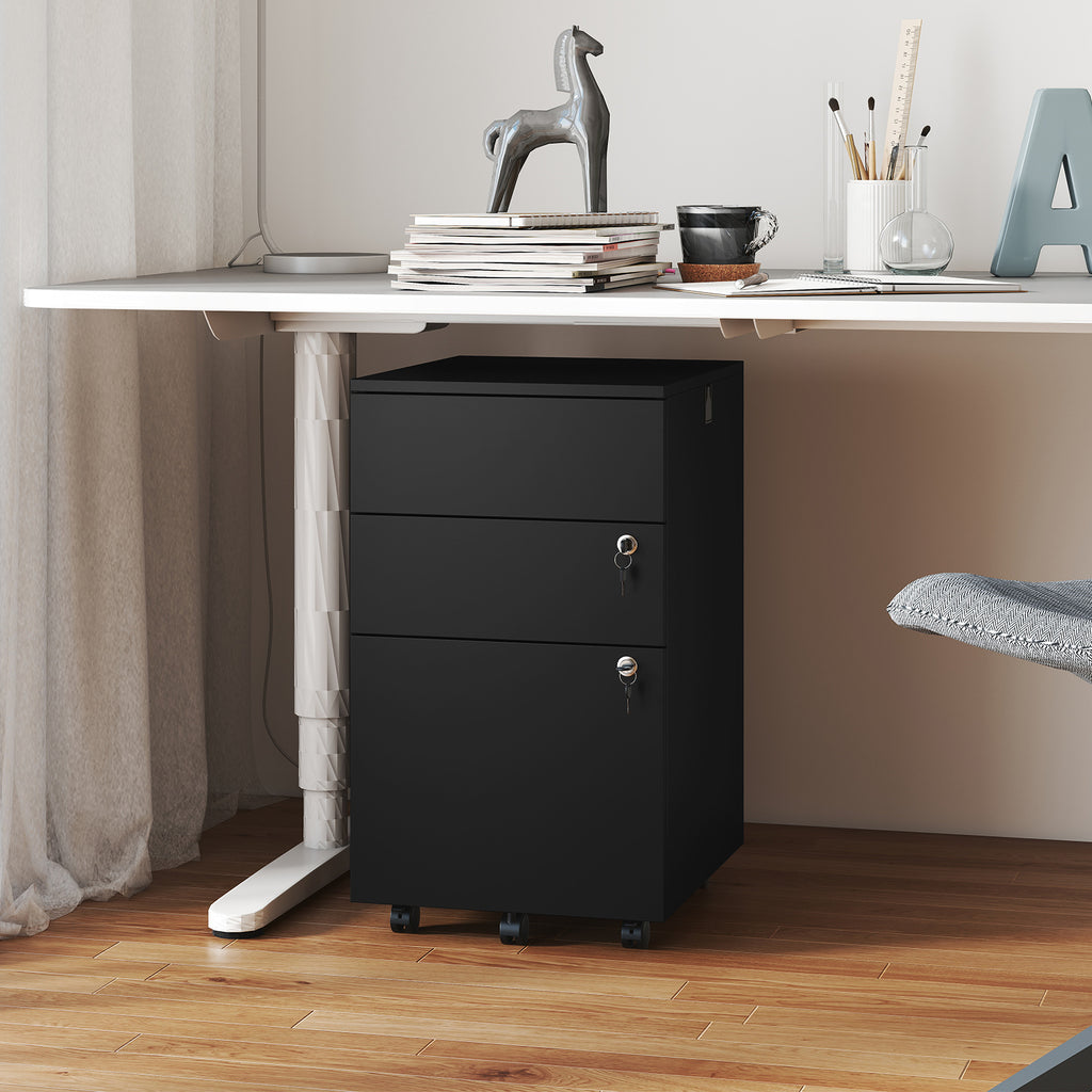 3-Drawer Rolling File Cabinet with Lock - Black