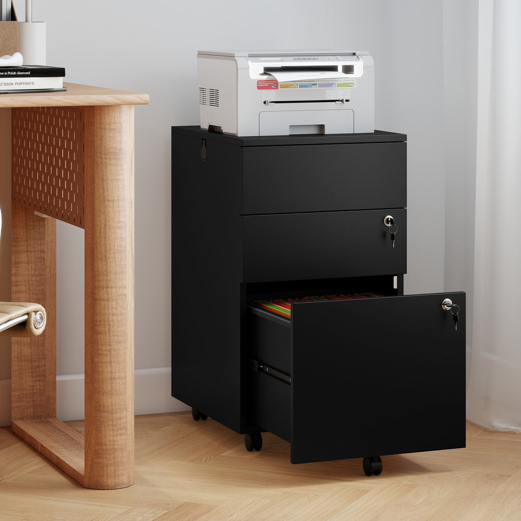 3-Drawer Rolling File Cabinet with Lock - Black