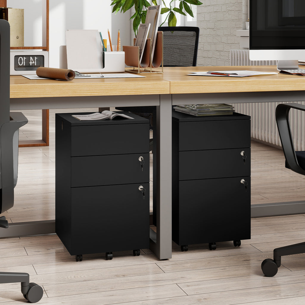 3-Drawer Rolling File Cabinet with Lock - Black